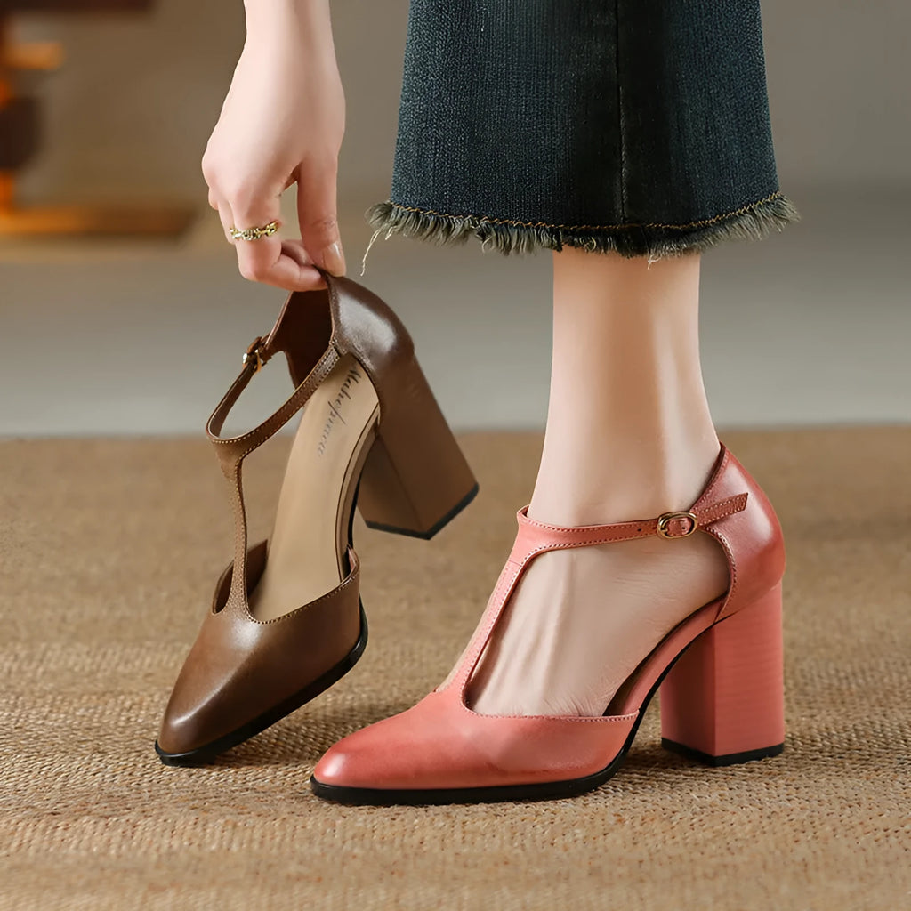 Women's dark brown retro Mary Jane shoes with a pointed toe, hollow Baotou detail, and buckle fastening.