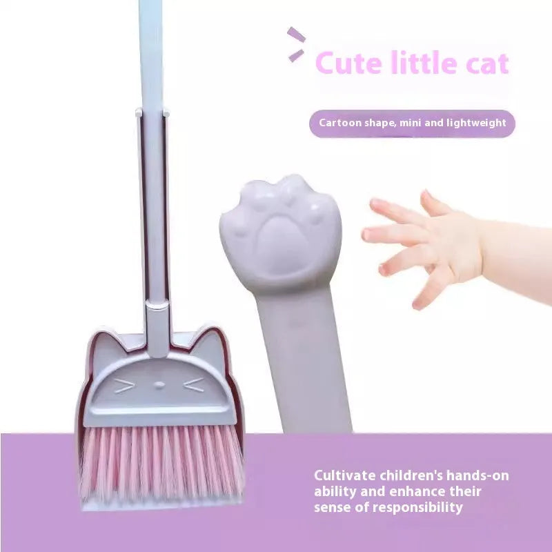 Beige plastic broom and dustpan set standing in a rotating long brush holder.