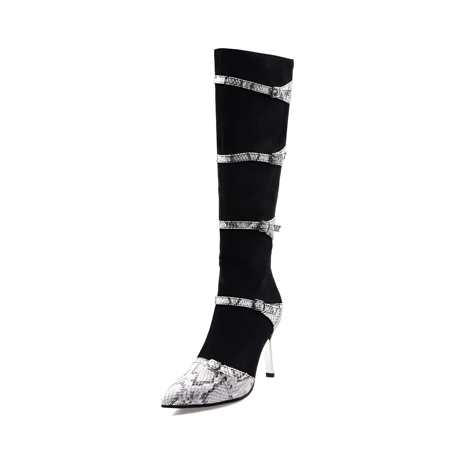 Women's grey knee-high high-heel boots with a thin 9cm heel and a 33cm shaft.