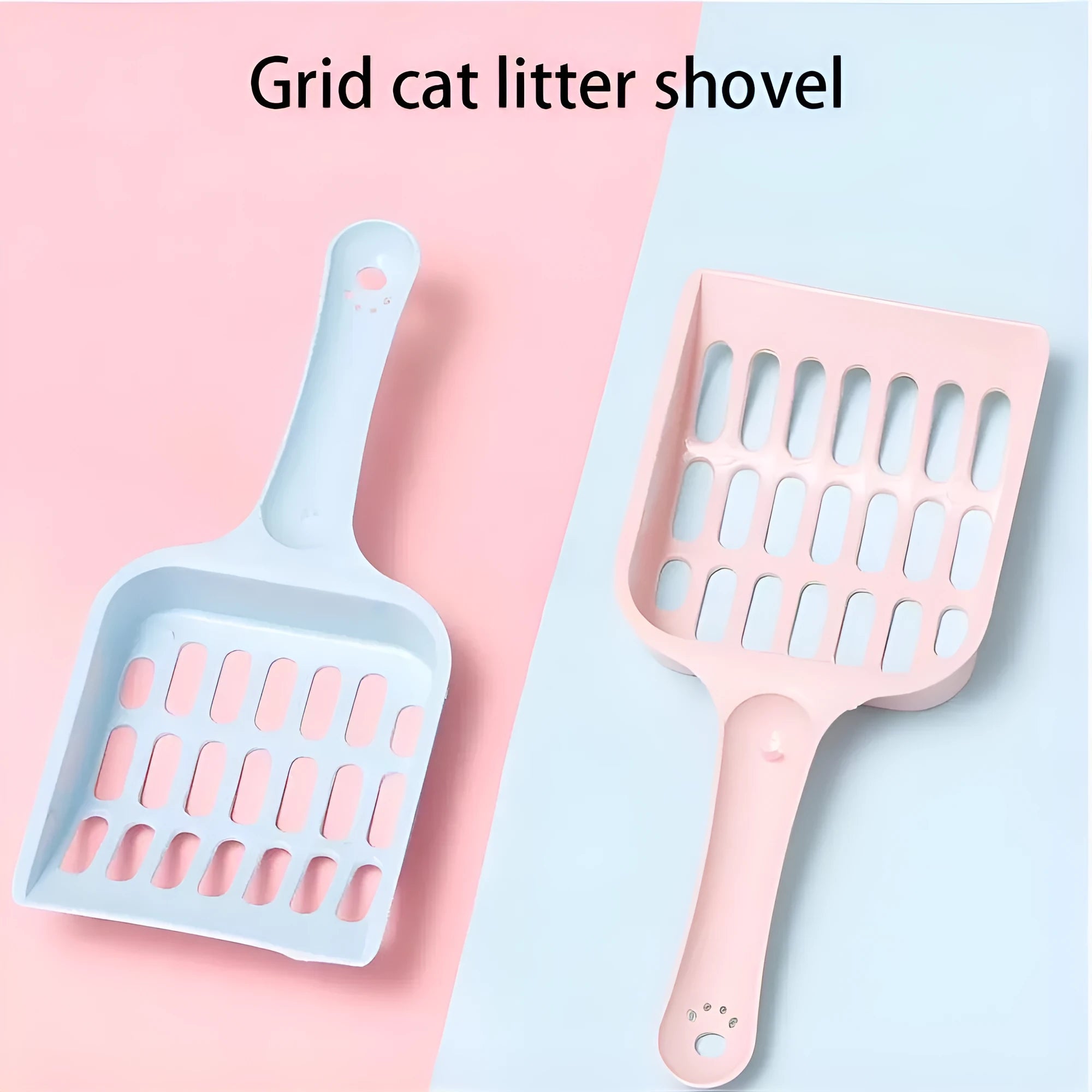 Blue plastic cat litter scoop tool on a white background.