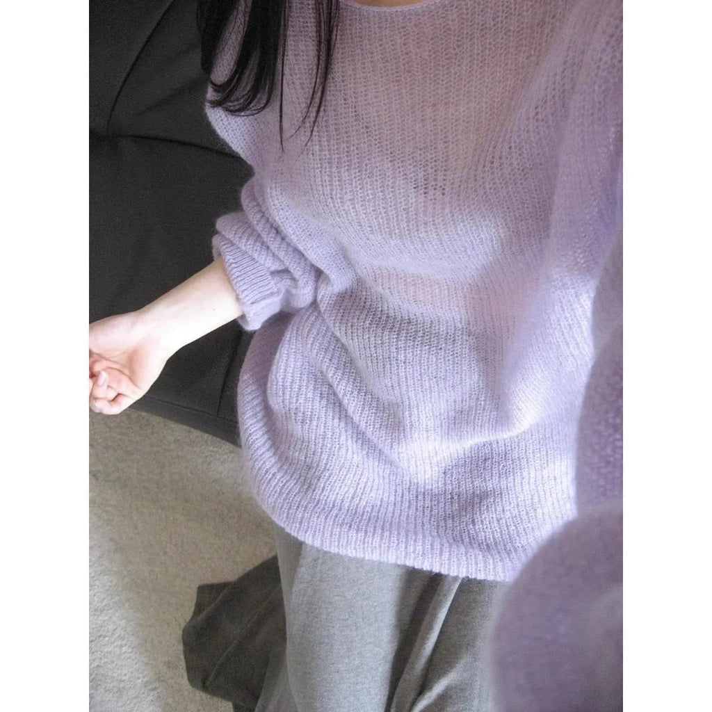 Purple ice silk blouse with round neck, princess sleeves, and hollow-out design details