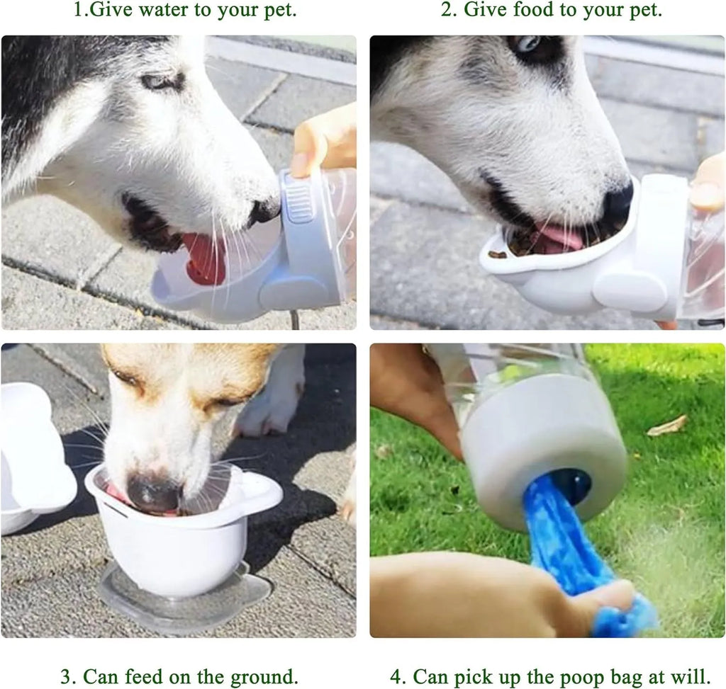 Green 3-in-1 portable pet water bottle with food container and waste bag dispenser