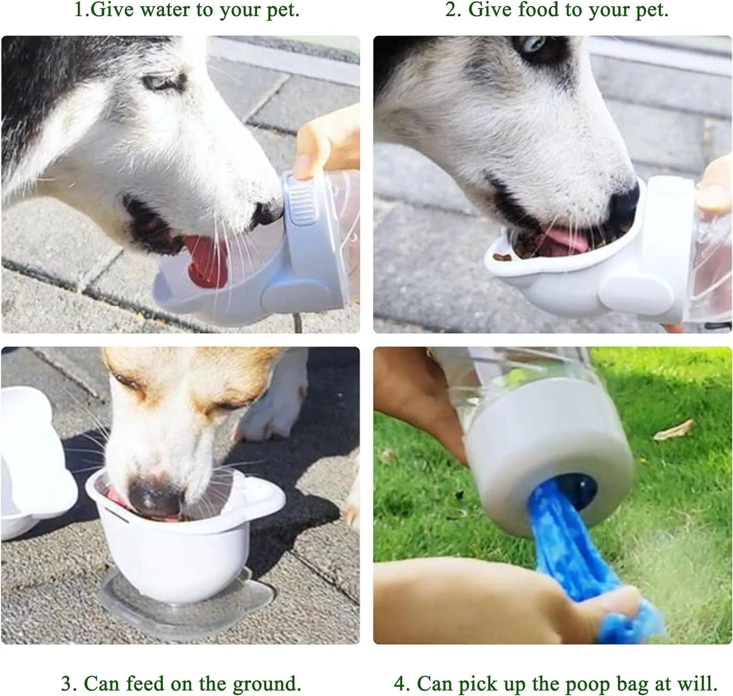 Green 3-in-1 portable pet water bottle with food container and waste bag dispenser