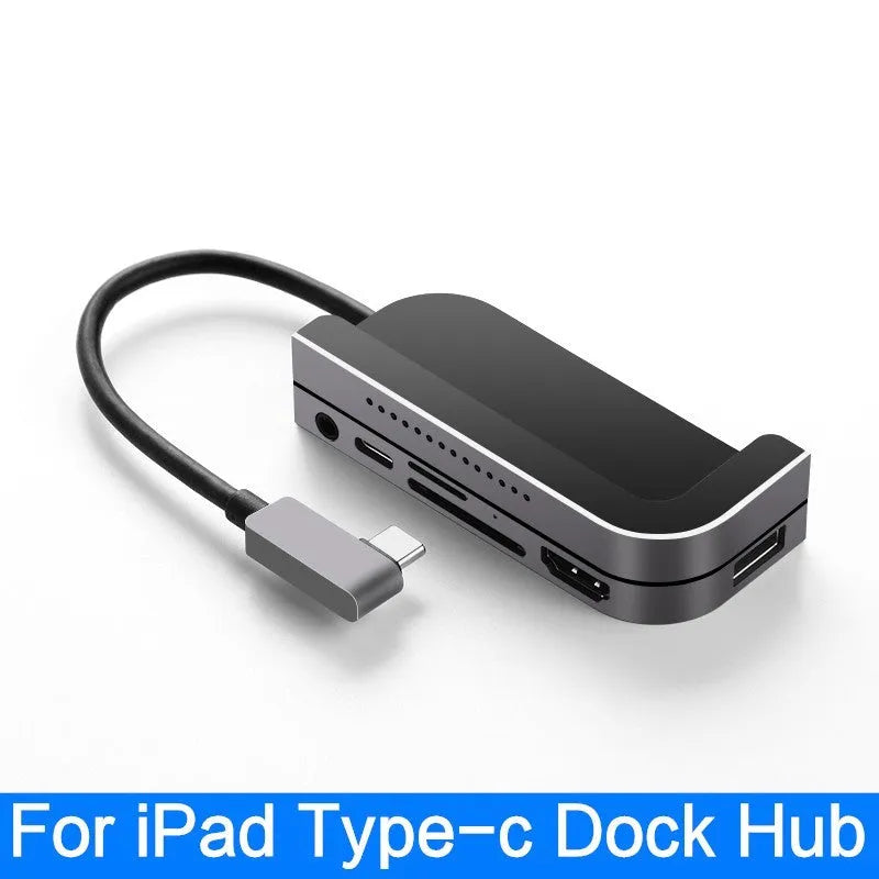 Silver aluminium grey USB-C docking station for iPad Pro with HDMI port and card reader