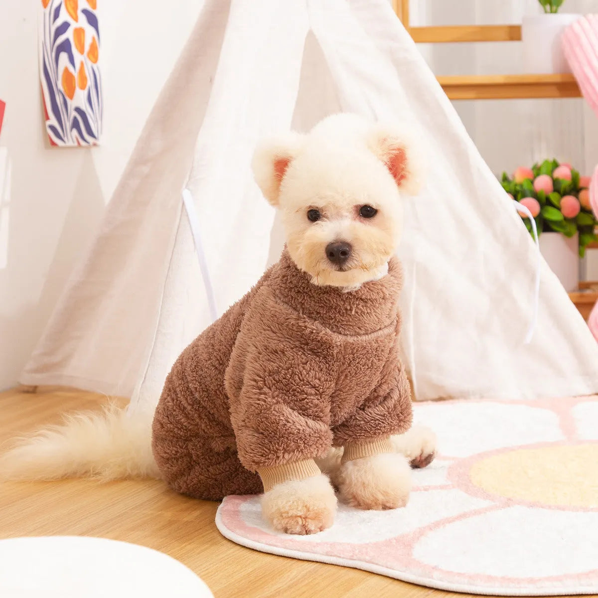 Blue double-sided plush dog clothes with high collar and towing ring on a mannequin