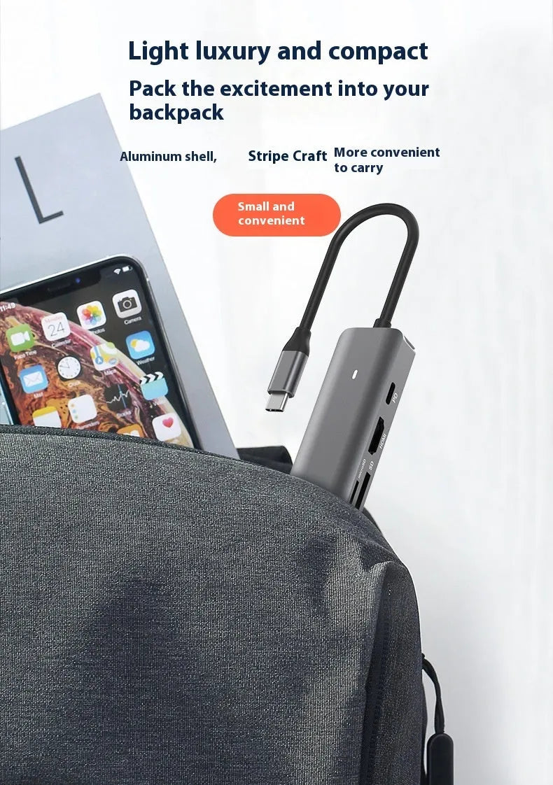 LQT-LH07 7-in-1 USB-C multi-port hub with card reader slots, HDMI, and USB ports.