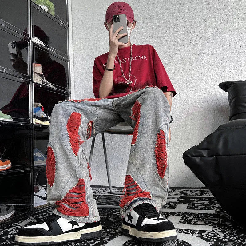 Green ripped jeans for men with raw embroidery, loose fit denim, available in sizes S to 3XL