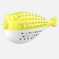 Blue silicone fish-shaped chew toy for cats on a white background.