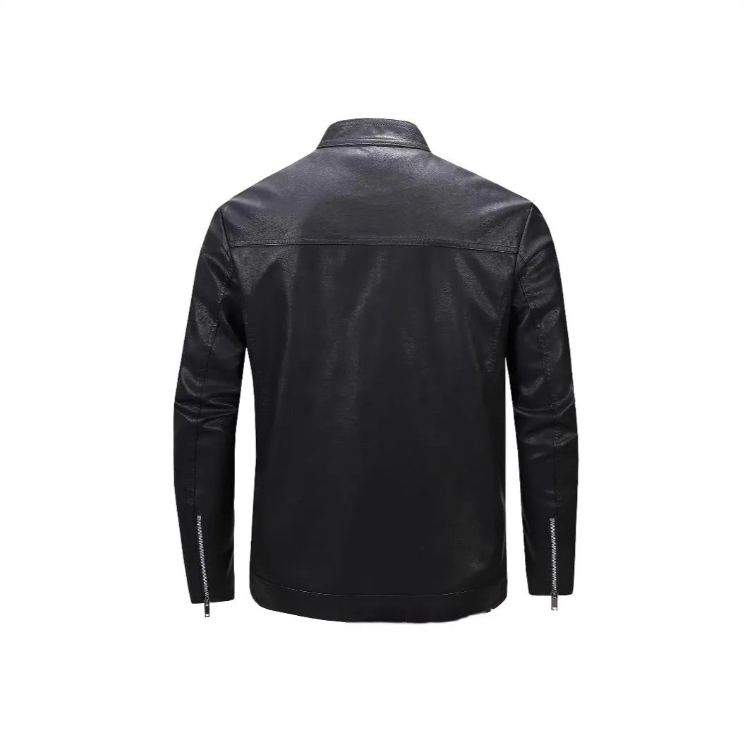 Men's slim artificial leather jacket with stand collar, black, sizes M to 5XL