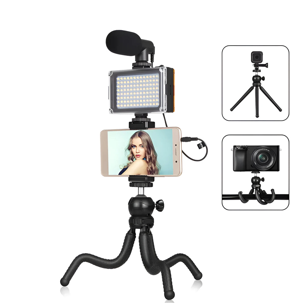 Black Octopus flexible tripod live broadcast kit with attached fill light and microphone on a table