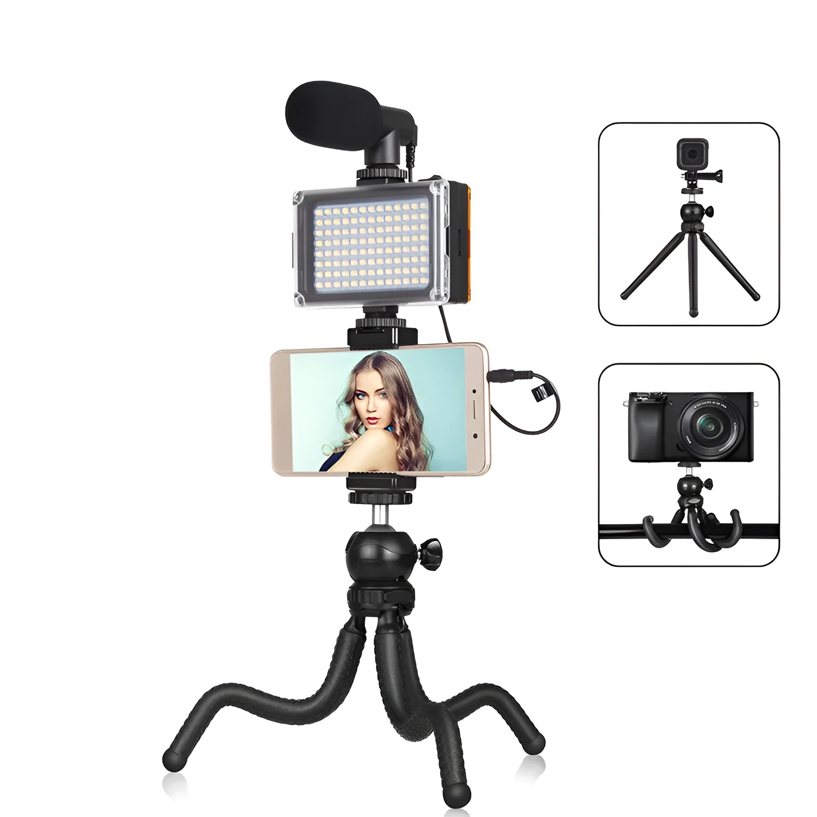 Black Octopus flexible tripod live broadcast kit with attached fill light and microphone on a table
