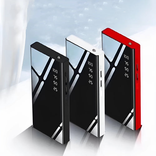 20000mAh power bank with LCD display and dual USB ports in black, red, or white