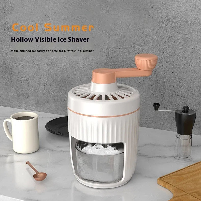 Hand-cranked ice shaving machine in green with removable ice box and ergonomic handle