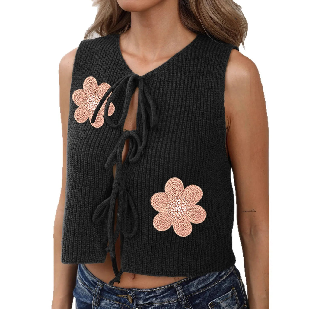 White ladies cardigan vest with lace-up bow and apricot flowers on deer plush polyester fabric