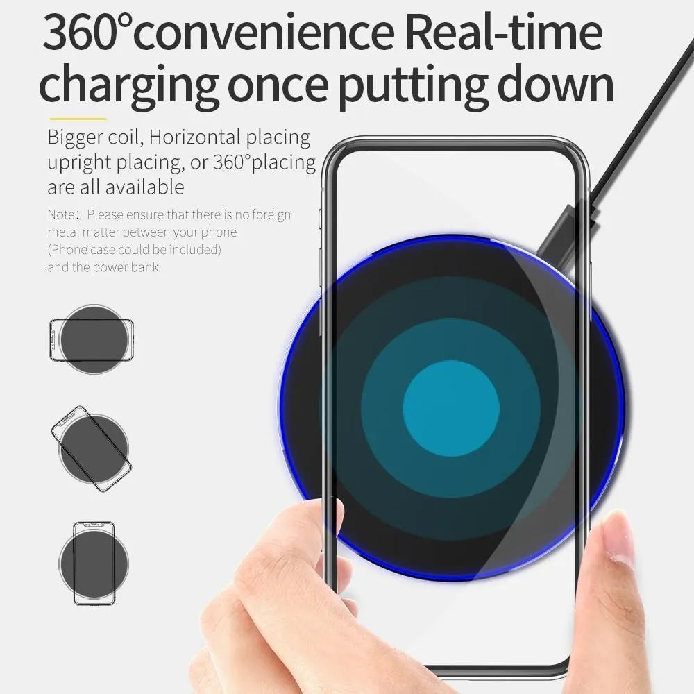 Ultra-thin black wireless fast charging pad with 9V support and 98mm square dimensions