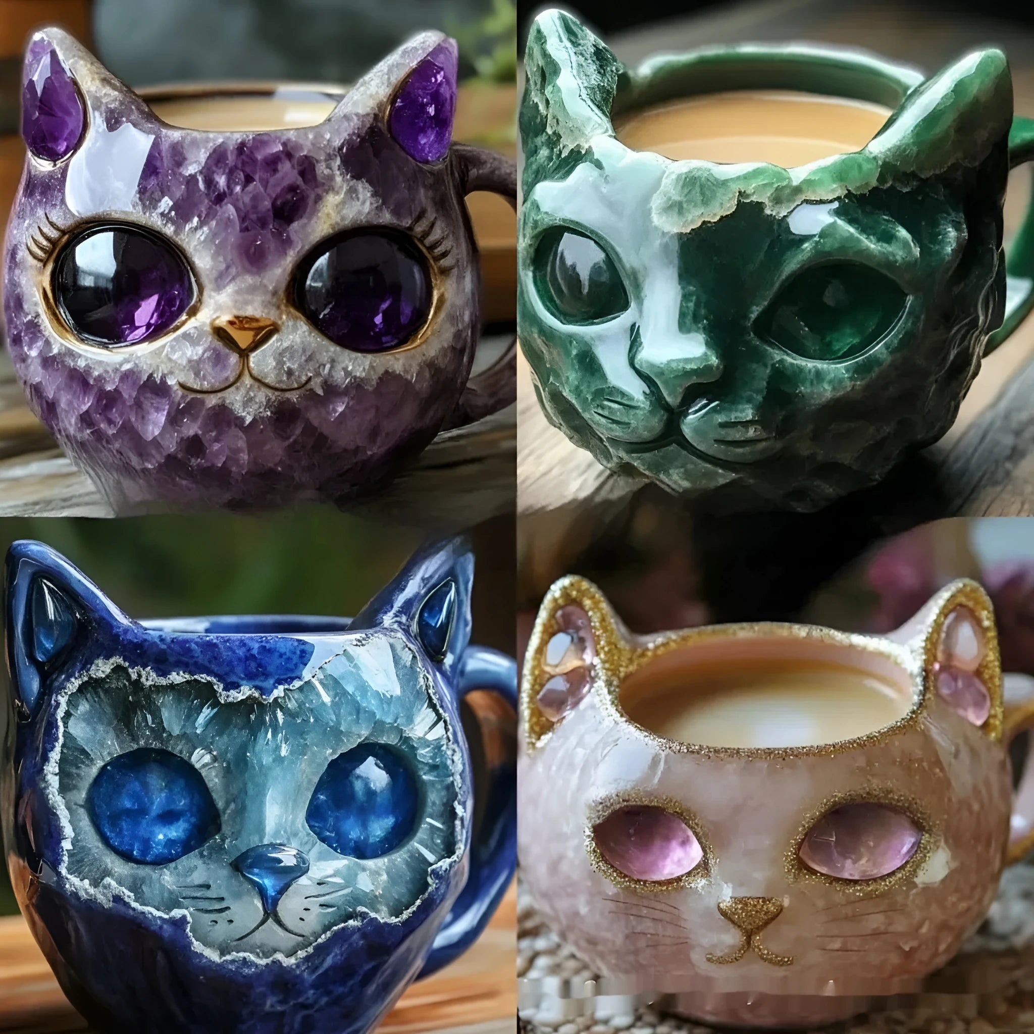 Purple geode crystal cat-shaped resin mug with decorative design