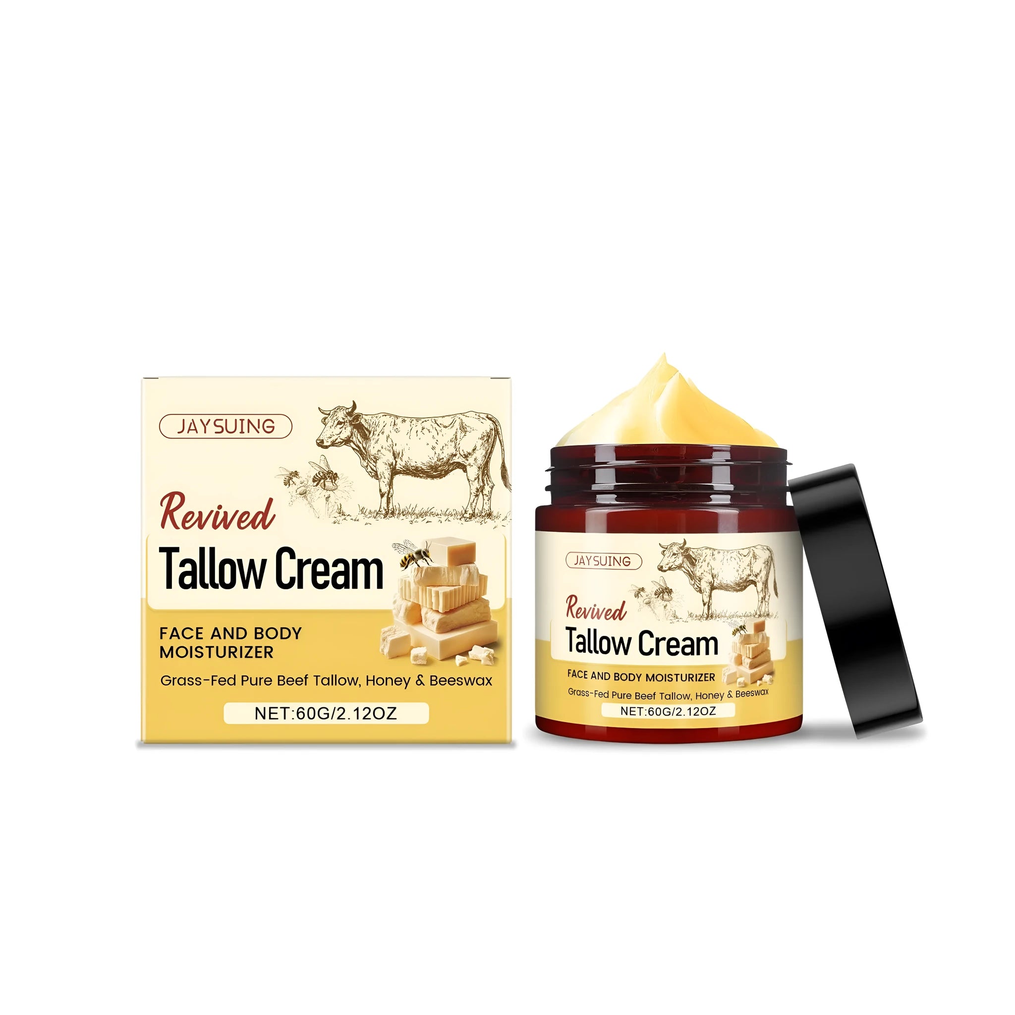60g glass jar of tallow moisturising cream with honey and olive oil