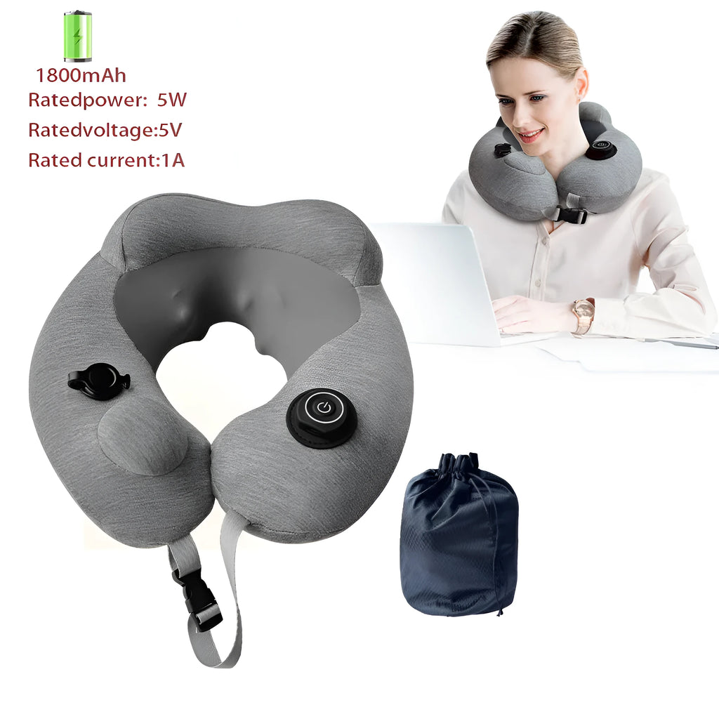 Gray inflatable U shape neck massager pillow with kneading massage modes and travel carry bag
