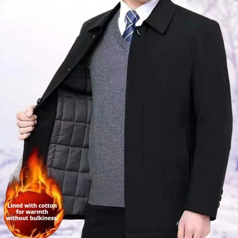 Men's padded thick nylon cotton coat in blue with zipper and button closure, Asian size 170-190