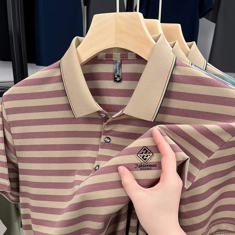Men's striped casual short sleeve polyester t-shirt with mosaic pattern in red, blue, or green