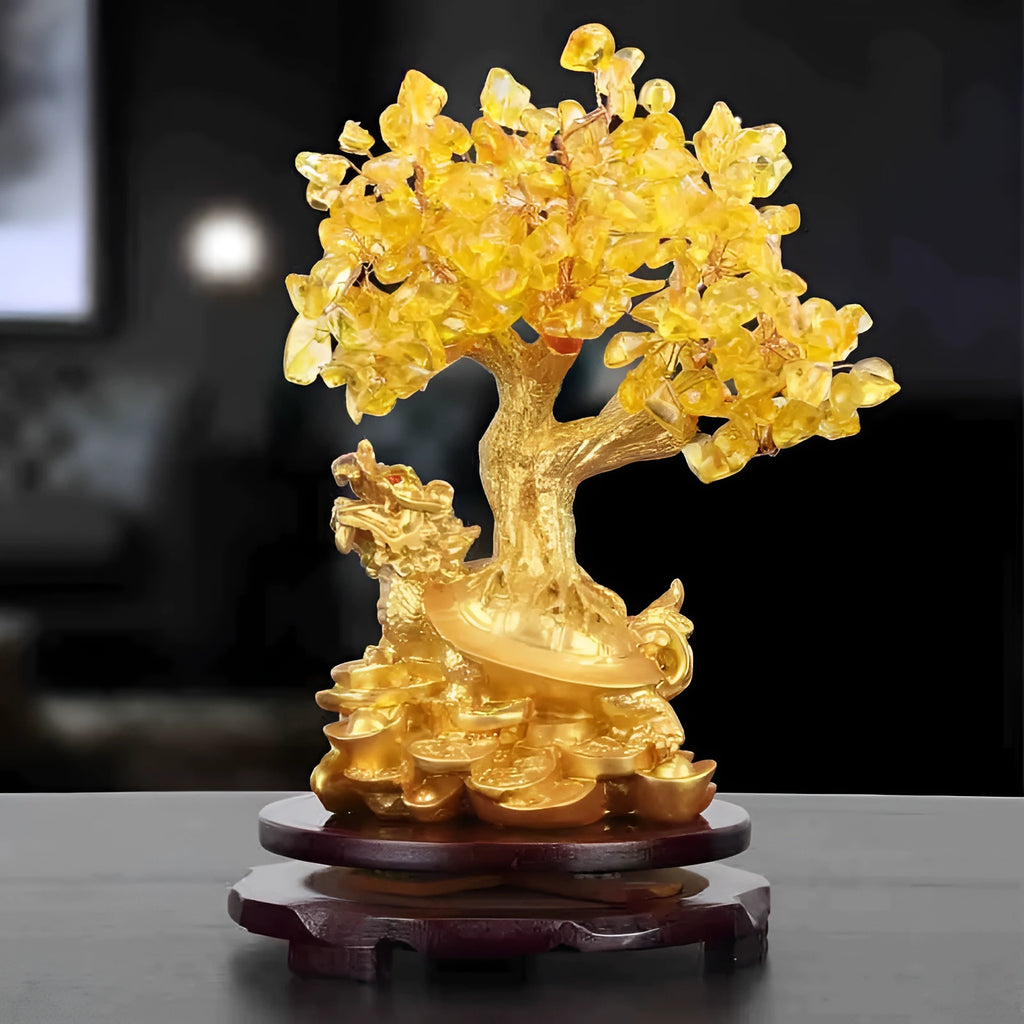 Citrine coloured small water turtle money tree resin ornament in Chinese style, 23cm high.