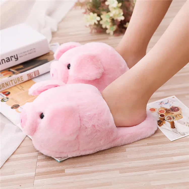 Pink women's pig floor slippers with PP cotton filling and short plush fabric