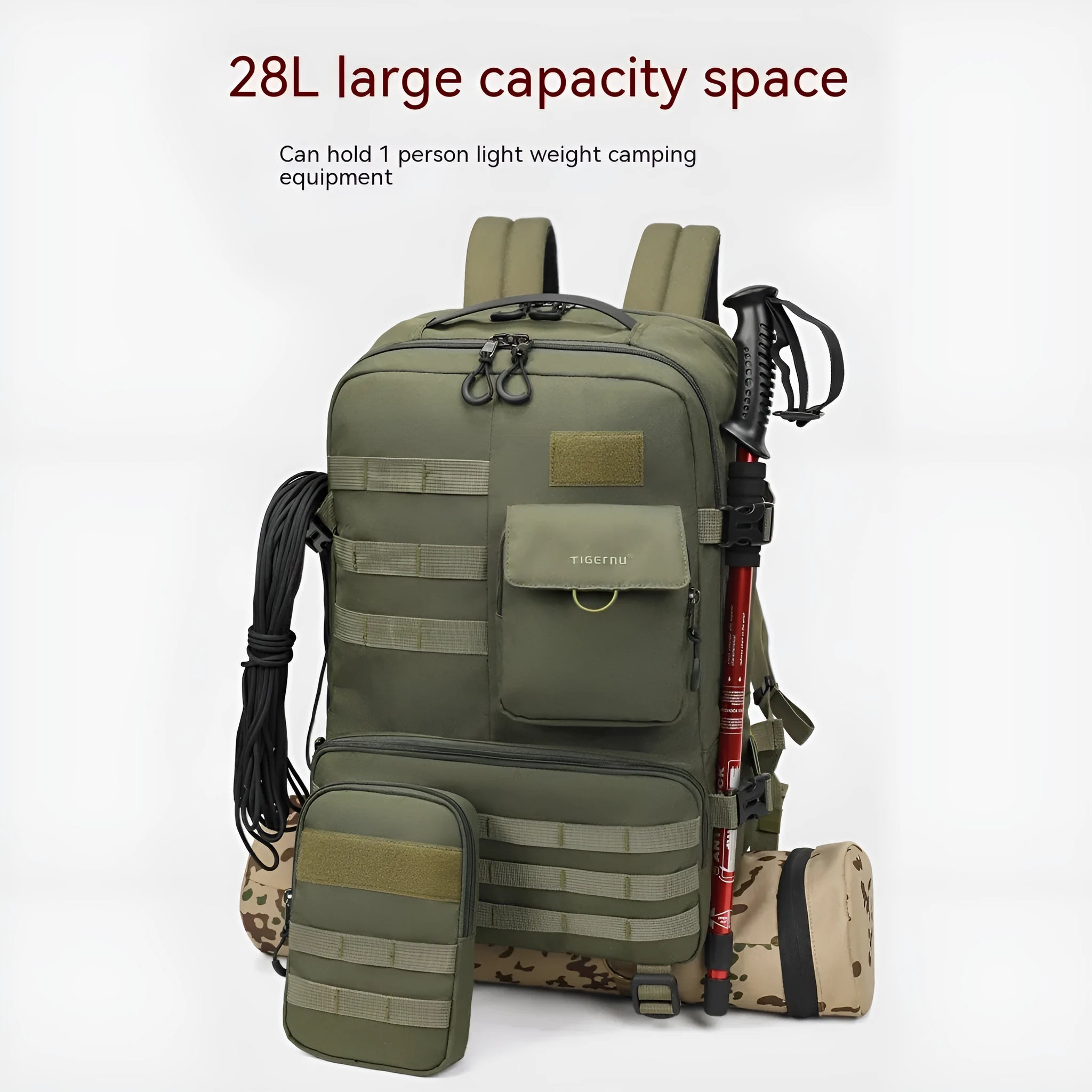 17 inch tactical backpack in Army Green, showing main compartment and straps