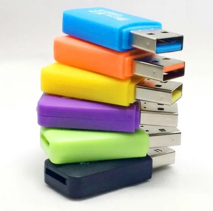 Mini USB TF card reader with SD transfer adapter for microSD cards.