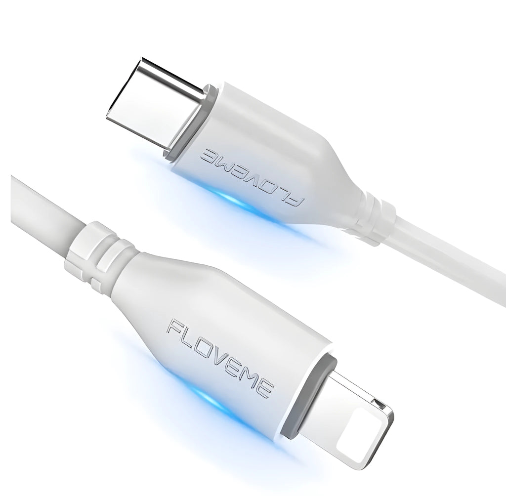 White braided nylon USB-C to Lightning charging cable, 1 metre long.
