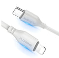 White braided nylon USB-C to Lightning charging cable, 1 metre long.