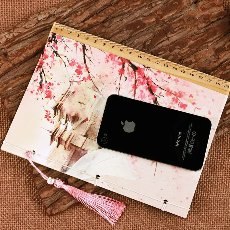 Watercolour retro Chinese style thread-bound notebook with Azalea colour paper cover, 140x208mm