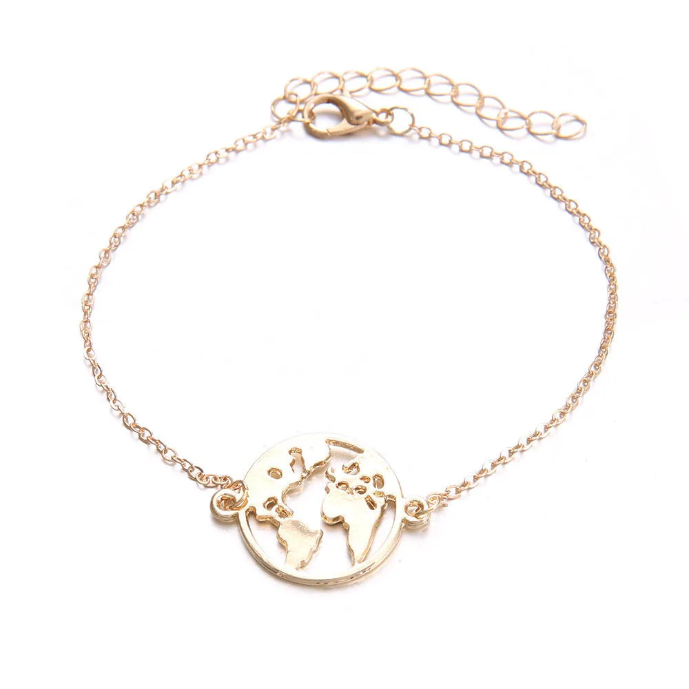 Set of three women's alloy bracelets with heart-shaped aircraft map charms.