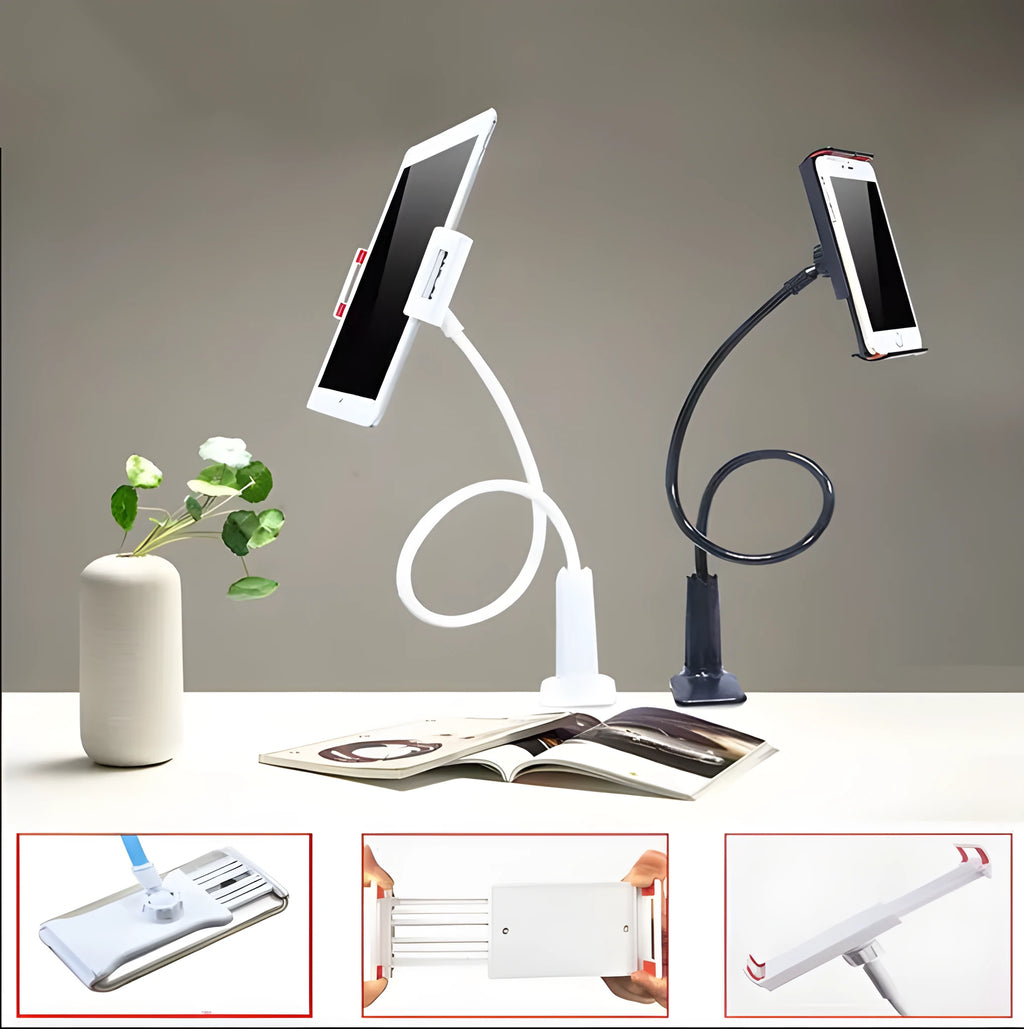 Black oversize flat panel bedside phone holder with long flexible aluminium arm on a table