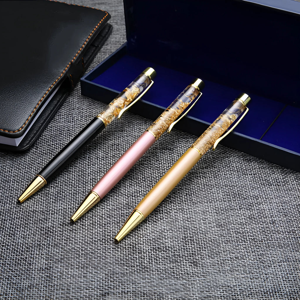 Gold foil metal ballpoint pen with 1mm tip and 13.8cm length