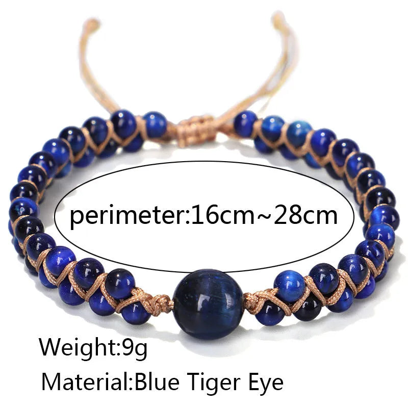 Handmade geometric woven pull bracelet in blue Tigereye stone with visible banding patterns