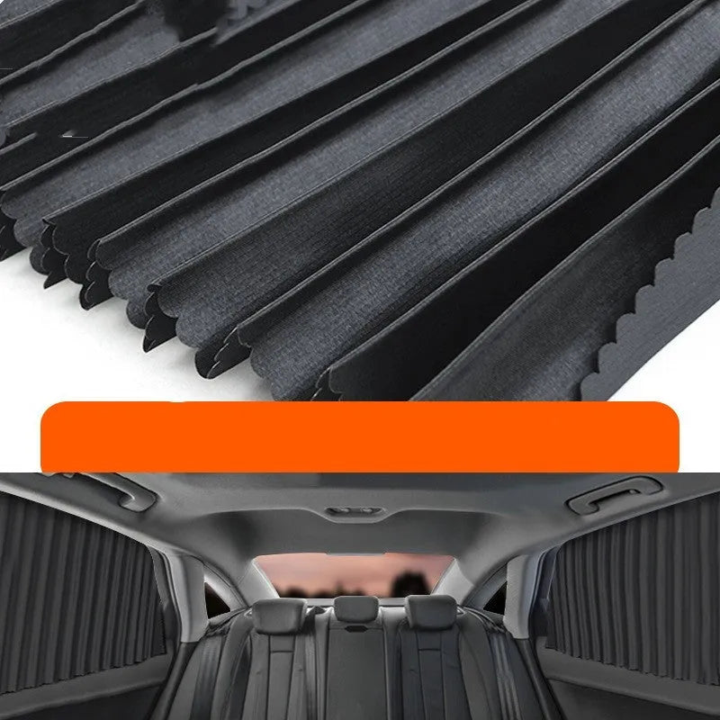 Retractable car sunshade curtain in black showing roller mechanism and opaque cloth material