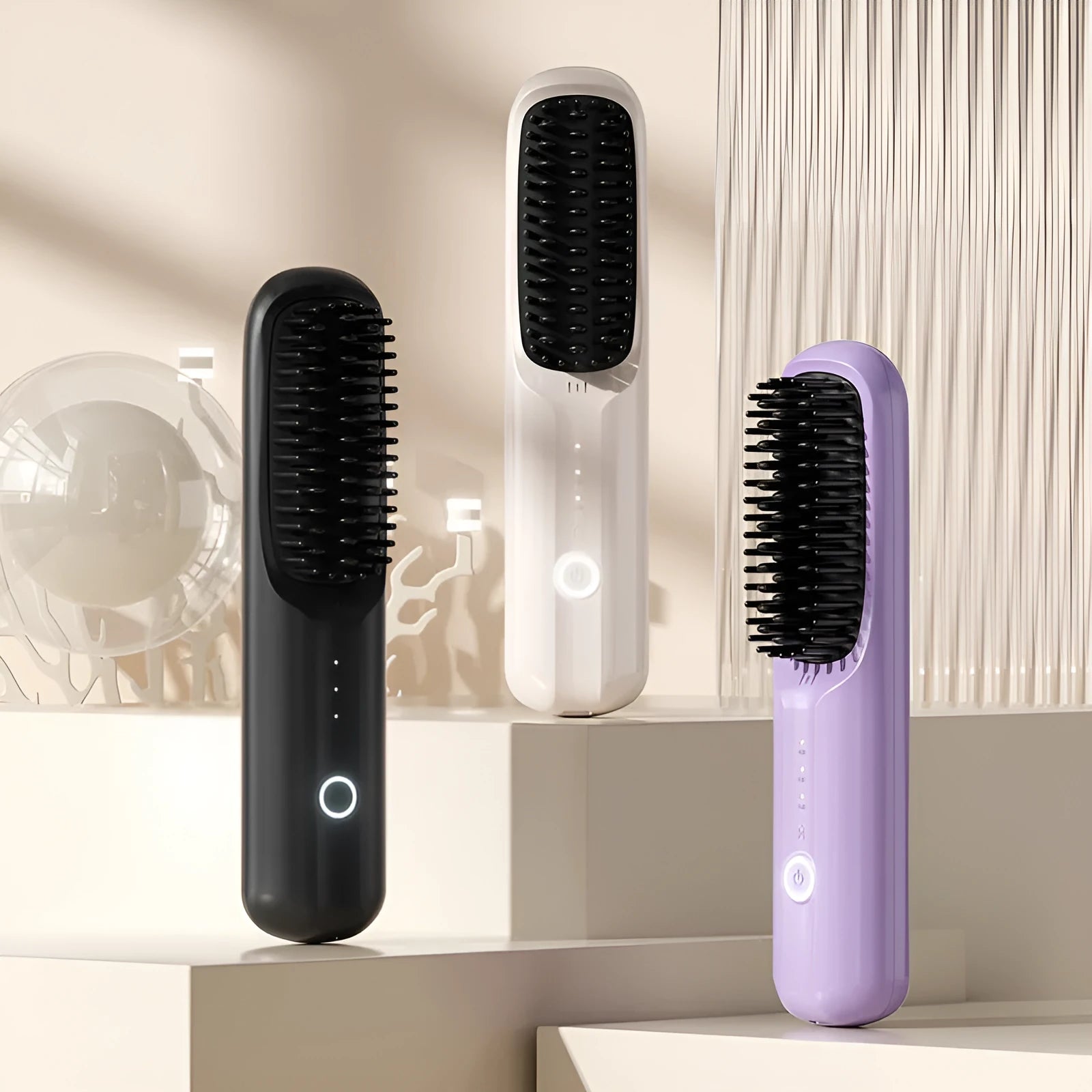 Beige white anion wireless straightening comb with USB-C charging port.
