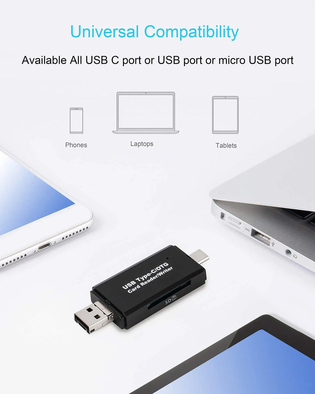Black USB 3.0 memory card reader supporting SD and TF formats with Type-C interface