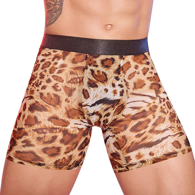 Men's leopard print boxer shorts showing animal pattern design on nylon fabric