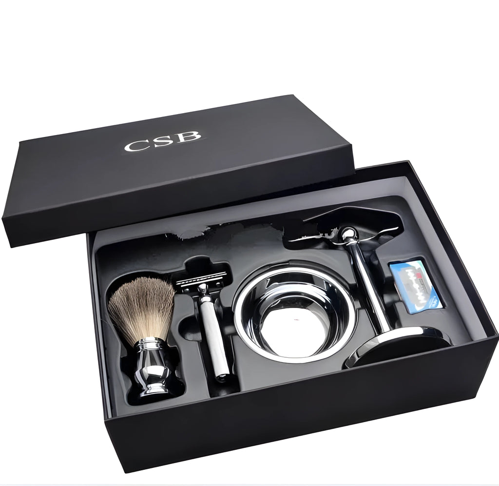 CSB traditional wet shaving set with badger hair brush, chrome stand, double edge razor and soap bowl