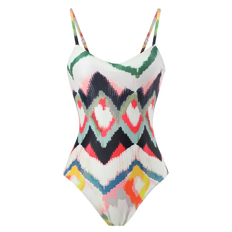 Women's swimsuit options: one-piece, two-piece, and style with detachable hip skirt in printed polyester fabric.