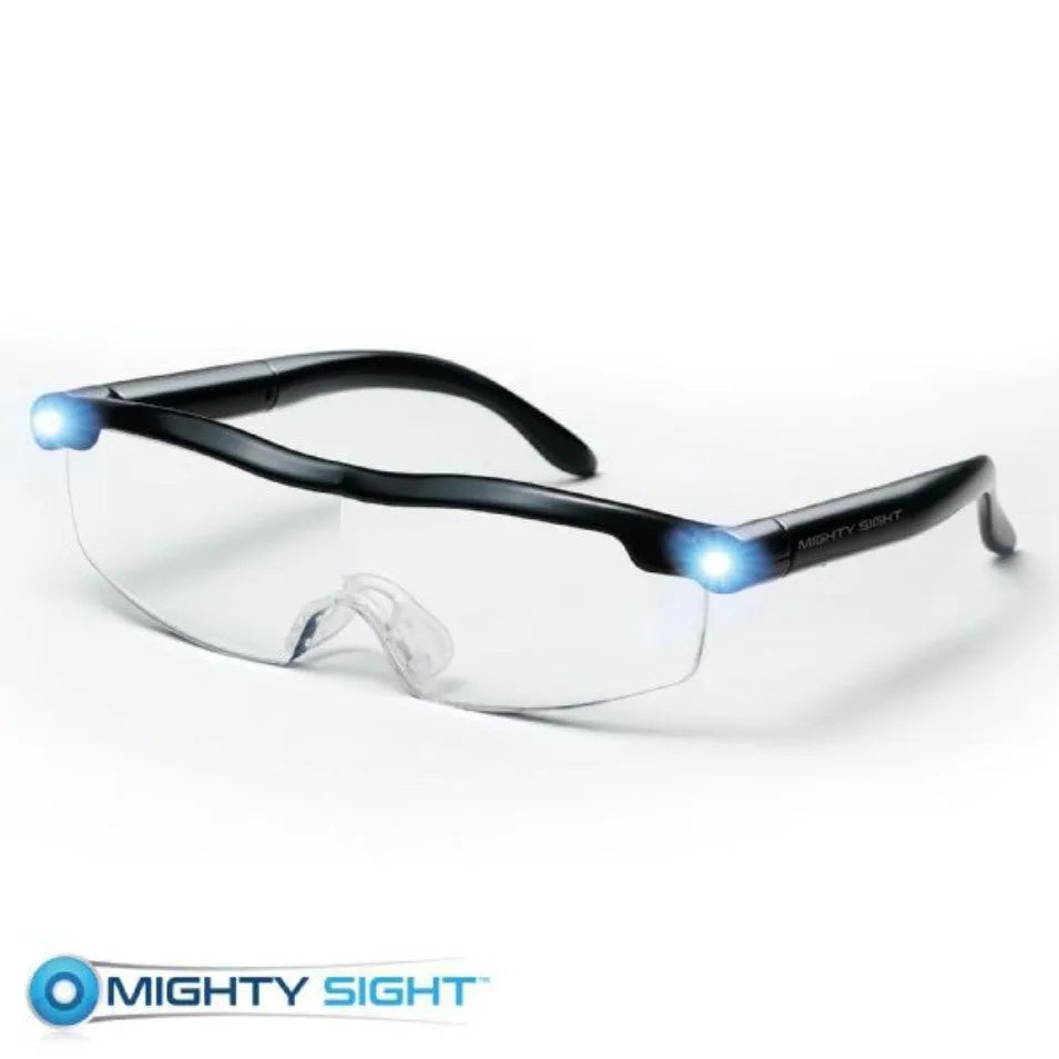 Transparent black USB LED reading glasses with scheduled lighting mode on desk