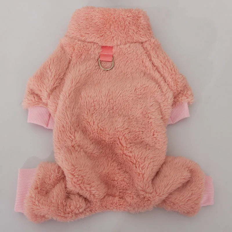 Blue double-sided plush dog clothes with high collar and towing ring on a mannequin