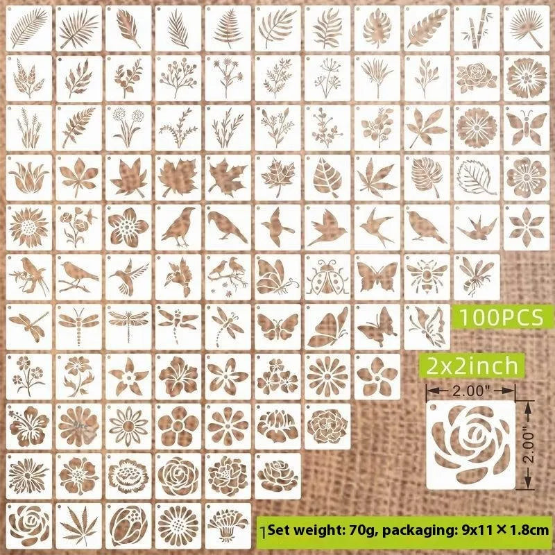 700-piece milky white PET film spray painting stencil set with seven design categories including animals, Hawaiian patterns, and letters