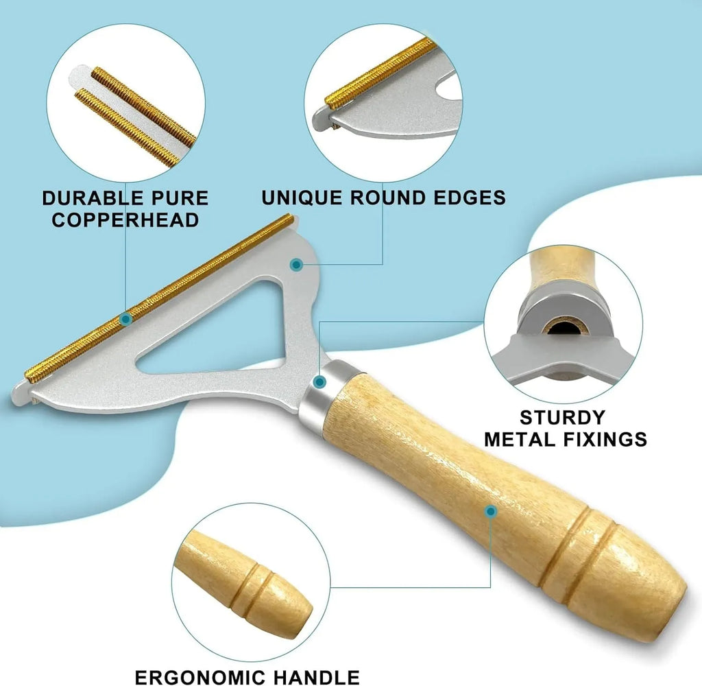 Three-piece pet hair remover set with metal tool, silicone brush, and round cleaner on a fabric surface.