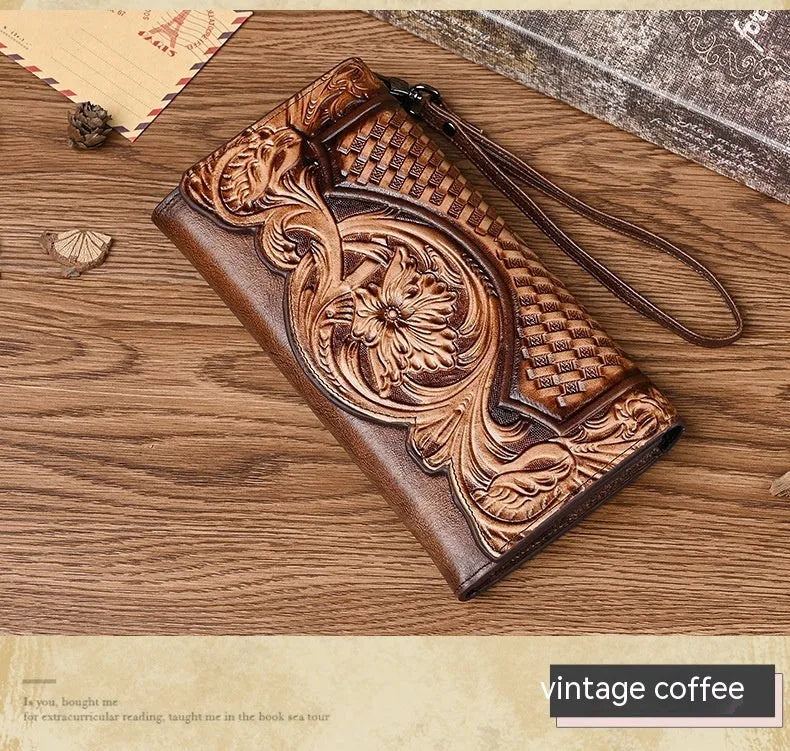 Women's tri-fold cowhide wallet with Chinese embossed floral patterns in retro brown colour