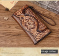 Women's tri-fold cowhide wallet with Chinese embossed floral patterns in retro brown colour