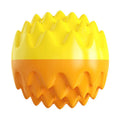 Blue and orange squeaky rubber dog ball with spiky texture for dental cleaning and aggressive chewers