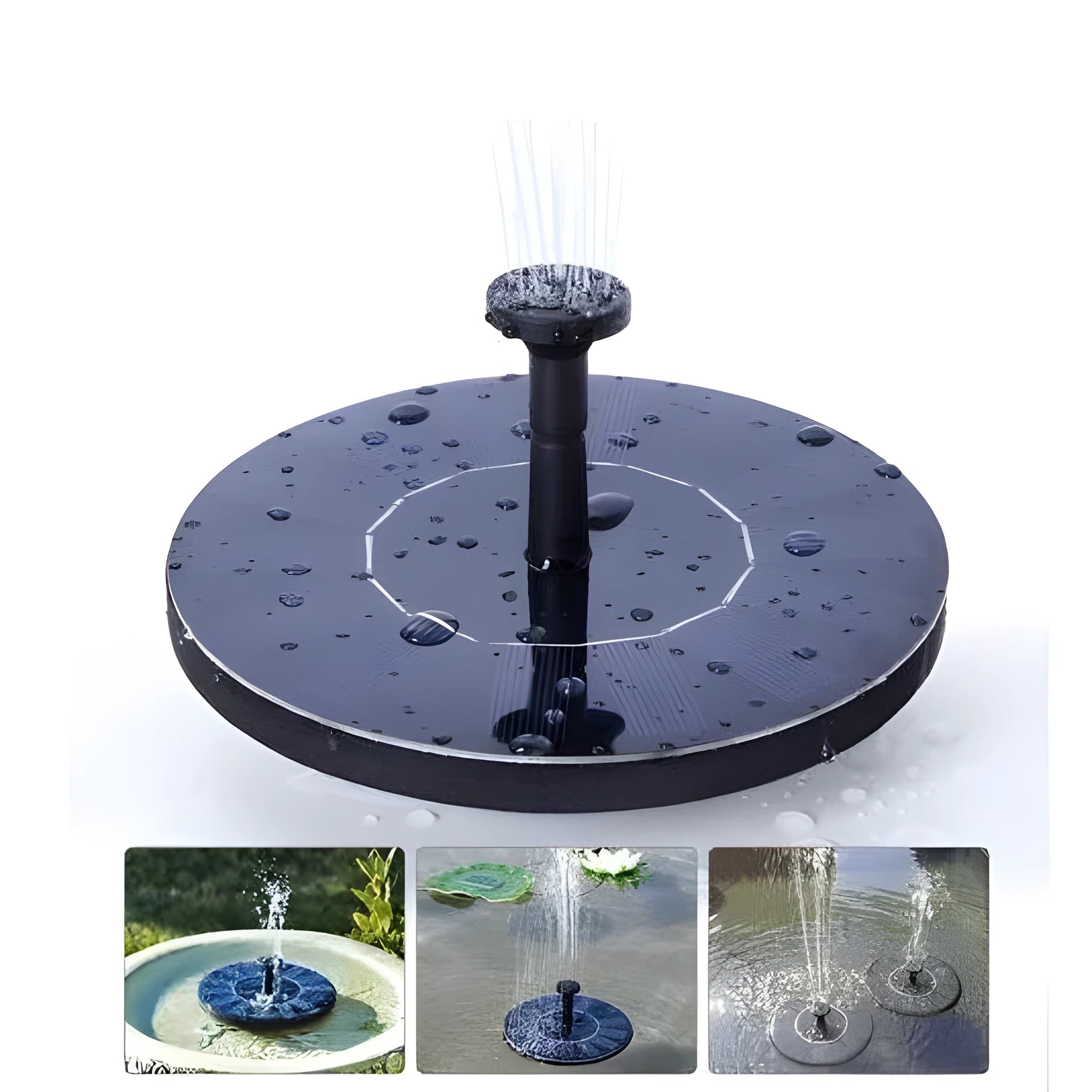Black solar water fountain pump with solar panel, measuring 16cm, for ponds and bird baths.