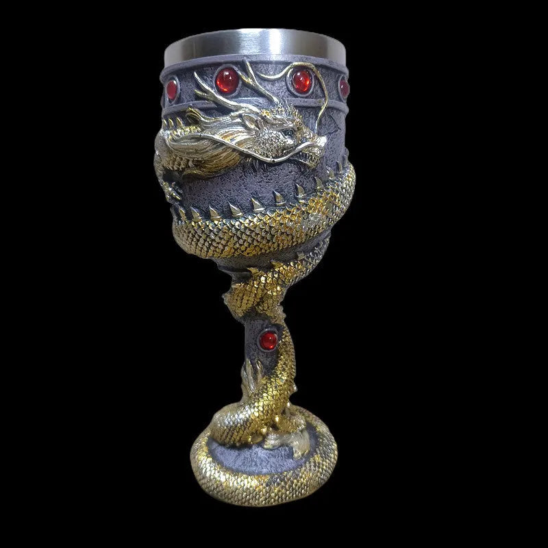 Red wine glass with Chinese dragon 3D design in stainless steel and resin, 200ml capacity